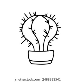 Vector doodle of a cactus in a pot. Isolated outline illustration of succulent on white background