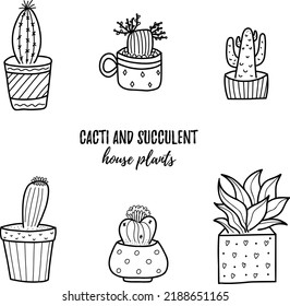 Vector doodle cactus and succulent collection of illustration. Black line art house plants in a pots set. Great for different kind of designs and backgrounds