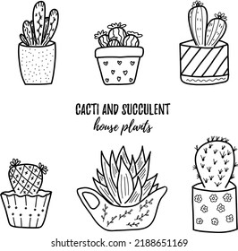 Vector doodle cactus and succulent collection of illustration. Black line art house plants in a pots set. Great for different kind of designs and backgrounds