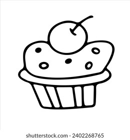 vector doodle of cakes with cherries. Sweet muffin