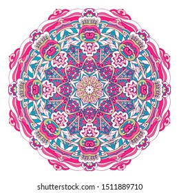 Vector doodle candy sweet mandala. Ethnic star flower with colorful ornament. Isolated. Illustration on doodle style.