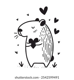 Vector doodle capybara holding heart. Cute illustration for Valentine's Day