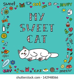 Vector doodle card with cute white cat