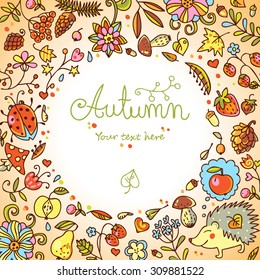 Vector doodle card with hedgehog, leaves, fruits and flowers. Autumn hand drawn background. Use for wallpaper, pattern fills,  fabrics,  ornamental template for design and decoration.
