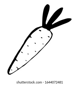Una zanahoria vectorial del doodle. Hortalizas divertidas. Alimentos orgánicos veganos sanos. Dibujo manual de caricaturas. Dieta vegetariana. Es bueno para colorear, afiche, tarjeta, banner, impresión, menú, tela.