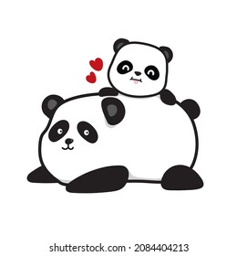 Vector doodle cartoon of a big and small Panda bears or father and child, baby Panda climbing on its father, isolated image on white background.