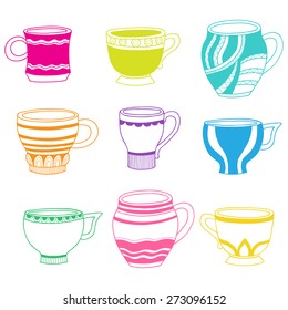 Vector doodle of cartoon cups for tea or coffee on white background.