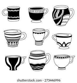 Vector doodle of cartoon cups for tea or coffee on white background.