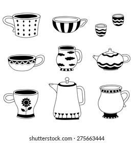 Vector doodle of cartoon cups for tea or coffee on white background.