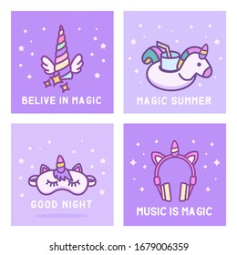 Vector doodle cartoon cute kawaii unicorns cards collection set template with unicorn horn, headphones, sleep mask and drink holder with quotes in pastel colors