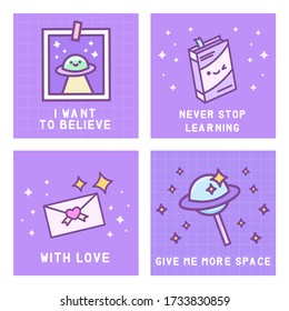 Vector doodle cartoon cute kawaii card collection set or poster set with ufo spaceship, lollipop planet, book and love letter with motivational quotes in 80s-90s style