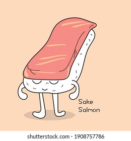 Vector doodle cartoon of cute sushi with face, arms, and legs. Sake sushi or Salmon sushi cartoon, Japanese healthy food with flat color.