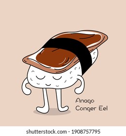 Vector doodle cartoon of cute sushi with face, arms, and legs. Anago sushi or Conger eel sushi cartoon, Japanese healthy food with flat color.