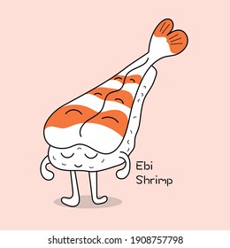 Vektordoodle-Cartoon süßer Sushi mit Gesicht, Armen und Beinen. Ebi-Sushi oder Shrimp-Sushi-Cartoon, japanisches gesundes Essen in flacher Farbe.