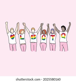 Vektor-Doodle-Cartoon-Gruppe von Freunden, die Hände zusammenhalten, weißes T-Shirt mit dem Muster der Herzform und separierten Buchstaben von LBGTQ, die Farbe von LBGTQ oder Regenbogen tragen.