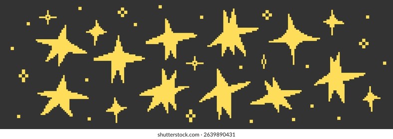 Vector doodle cartoon illustration featuring yellow whimsical stars of different shapes on dark gray background. Playful creative horizontal background for social media. design and decor