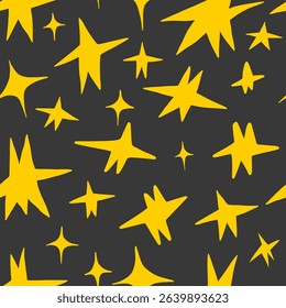 Vector doodle cartoon illustration featuring yellow whimsical stars of different shapes on dark gray background. Playful creative tile background for social media. textile design and decor