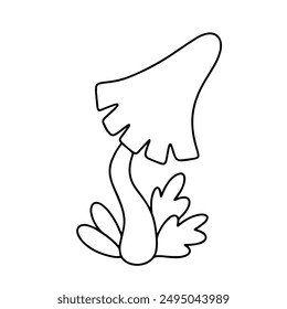 Vector doodle cartoon mushroom in the grass. Outline drawing fantasy mushroom