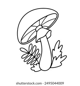 Vector doodle cartoon mushroom in the grass. Outline drawing magic mushroom