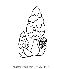 Vector doodle cartoon mushrooms in the grass. Outline drawing fantasy mushrooms
