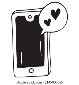 Teléfono de dibujos animados con caricatura vectorial con mensaje de amor. Ilustración dibujada por mano