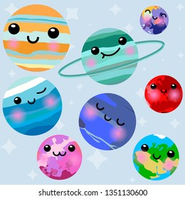 Vector doodle cartoon planets of solar system. Comic colored funny characters. Children's education.