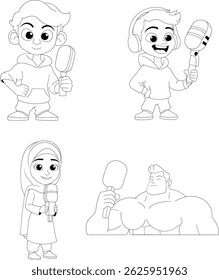 Conjunto de desenhos animados em forma de garatuja vetorial com diversos personagens mascote em podcast em estilo de contorno, incluindo uma mulher hijab, um homem musculoso e um jovem macho legal.