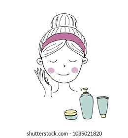 vector doodle cartoon young beautiful women show skin face applying cream, skincare and cosmetic on face, Treatment, Beauty, Makeup, Healthy,  isolated on white background. 