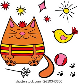 Vector doodle cat with different toys . Isolated on white background. Colourful