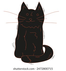 Vector Doodle Cat isolated white background. Simple black Cordel style Cat. Playful Vector can used t-shirt print, card cover design. Editable stroke.