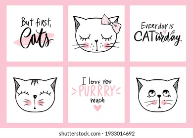 Vector doodle cats illustrations and kitten quotes. Cartoon animals. Cute kitty in sketch style for t-shirt print, cards, poster. Kids animals series. Funny character.