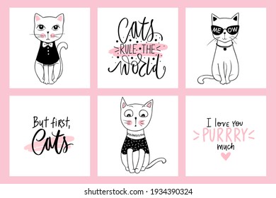 Vektordoodle-Katzen-Illustrationen und Kätzchenziffern. Cartoon-Tiere. Cute kitty im Sketch-Stil für T-Shirt-Druck, Karten, Poster. Kindertierserie. Hübscher Charakter.