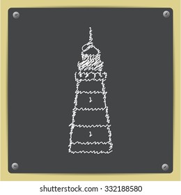 Vector doodle chalk drawn lighthouse icon on school blackboard 