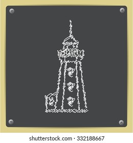 Vector doodle chalk drawn lighthouse icon on school blackboard 