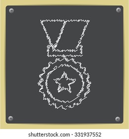 Vector doodle chalk drawn medal icon on school blackboard . Winner award 