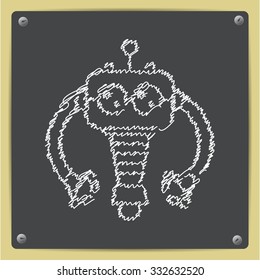 Vector doodle chalk drawn retro robot toy icon on school blackboard 