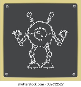 Vector doodle chalk drawn retro robot toy icon on school blackboard 