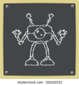Vector doodle chalk drawn retro robot toy icon on school blackboard 
