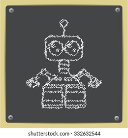 Vector doodle chalk drawn retro robot toy icon on school blackboard 