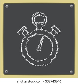 Vector doodle chalk drawn retro stopwatch icon on school blackboard 