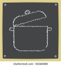 Vector doodle chalk drawn saucepan icon on school blackboard 