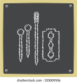 Vector doodle chalk drawn tailor pins needle blade icon on school blackboard 