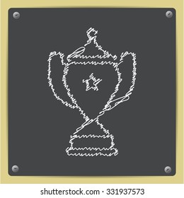 Vector doodle chalk drawn trophy goblet icon on school blackboard . Winner award 