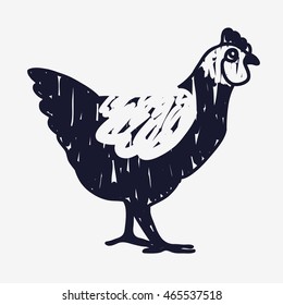 Vector doodle chicken icon. Isolated black textured chicken icon for logo, web site design, app, UI. Doodle animal illustration for posters, cards, book cover, flyers, banner, web, game designs.