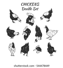 Vector doodle chicken icon set. Isolated black textured chicken icon for logo, web site design, app, UI. Doodle animal illustration for posters, cards, book cover, flyers, banner, web, game designs.