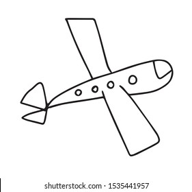 Vector Doodle childish airplane hand drawn on an isolated white background. Sketch aircraft black line icon. Design for cards, coloring, textiles, packaging paper, stickers, web and mobile.