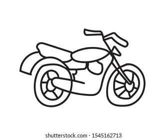 Vector Doodle childish motorcycle hand drawn on an isolated white background. Sketch black line icon. Design for cards, coloring, textiles, packaging paper, stickers, web and mobile.