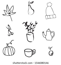 Vector Doodle childish Set of kettle, pumpkin, houseplant, apple, hat, cup, cherries and pear hand drawn on an isolated white background. Sketch black line icon. Design for cards, coloring.