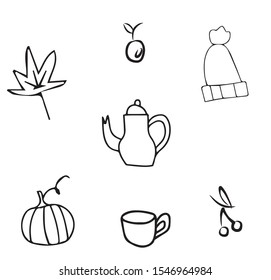 Vector Doodle childish Set of kettle, pumpkin, apple, hat, cup, cherries hand drawn on an isolated white background. Sketch black line icon. Design for cards, coloring.