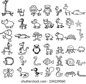 Vector doodle children's drawings of cute animals 